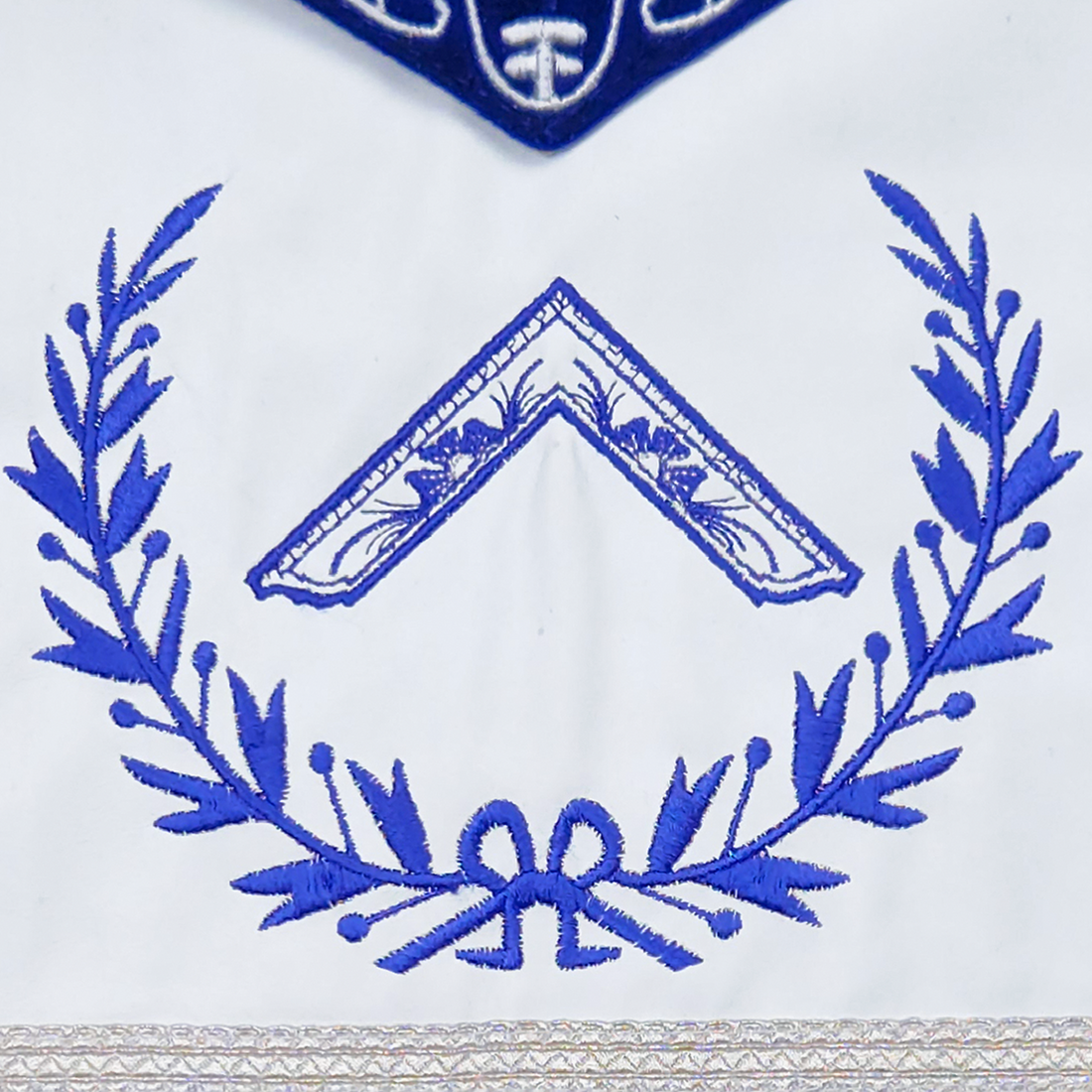 Worshipful Master Blue Lodge Officer Apron - Deep Blue Velvet, Machine Embroidered Wreath and Vines