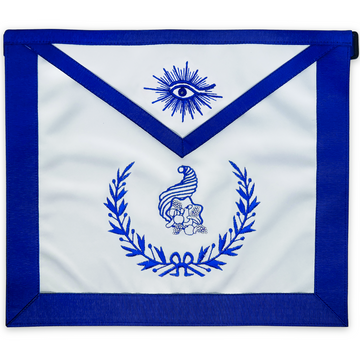 Blue Lodge Junior Steward Apron – Masonic Officer Regalia with Machine Embroidered Wreath & Cornucopia – Royal Blue Ribbon Detailing