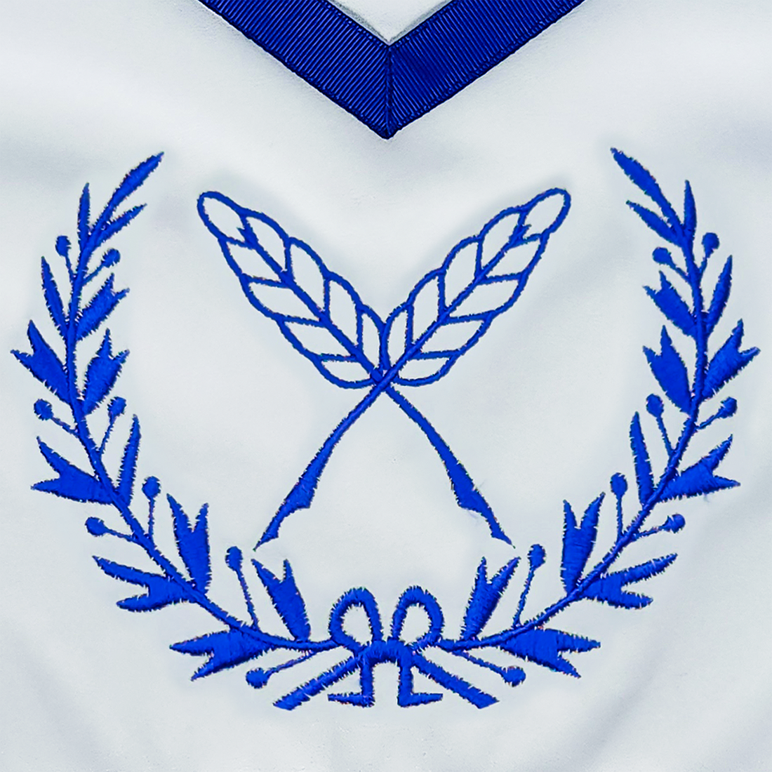 Blue Lodge Secretary Apron – Masonic Officer Regalia with Machine Embroidered Wreath & Quill Pens – Royal Blue Ribbon Detailing