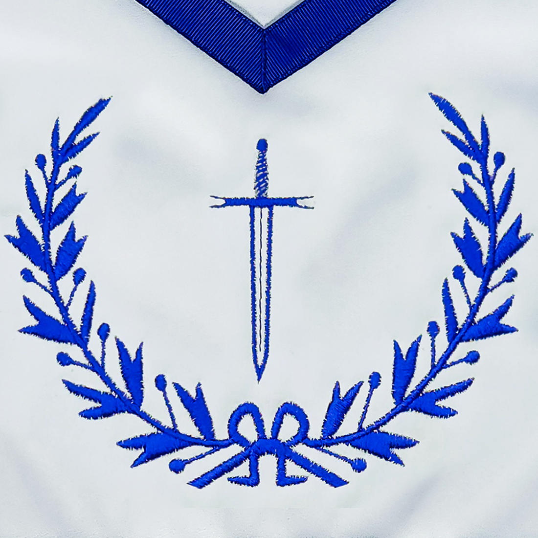 Blue Lodge Tyler Apron – Masonic Officer Regalia with Machine Embroidered Wreath & Sword – Royal Blue Ribbon Detailing