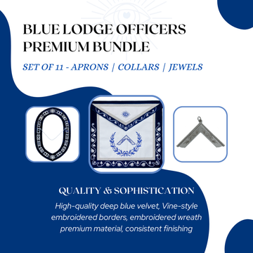 Blue Lodge Masonic Officers Premium Bundle | Deep Blue Velvet Aprons, Chain Collars & Silver Jewels (Set of 11)
