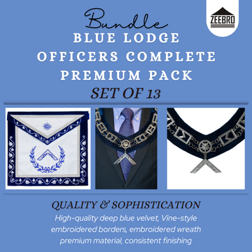 Blue Lodge Masonic Officers Premium Bundle | Deep Blue Velvet Aprons, Chain Collars & Silver Jewels (Set of 13)