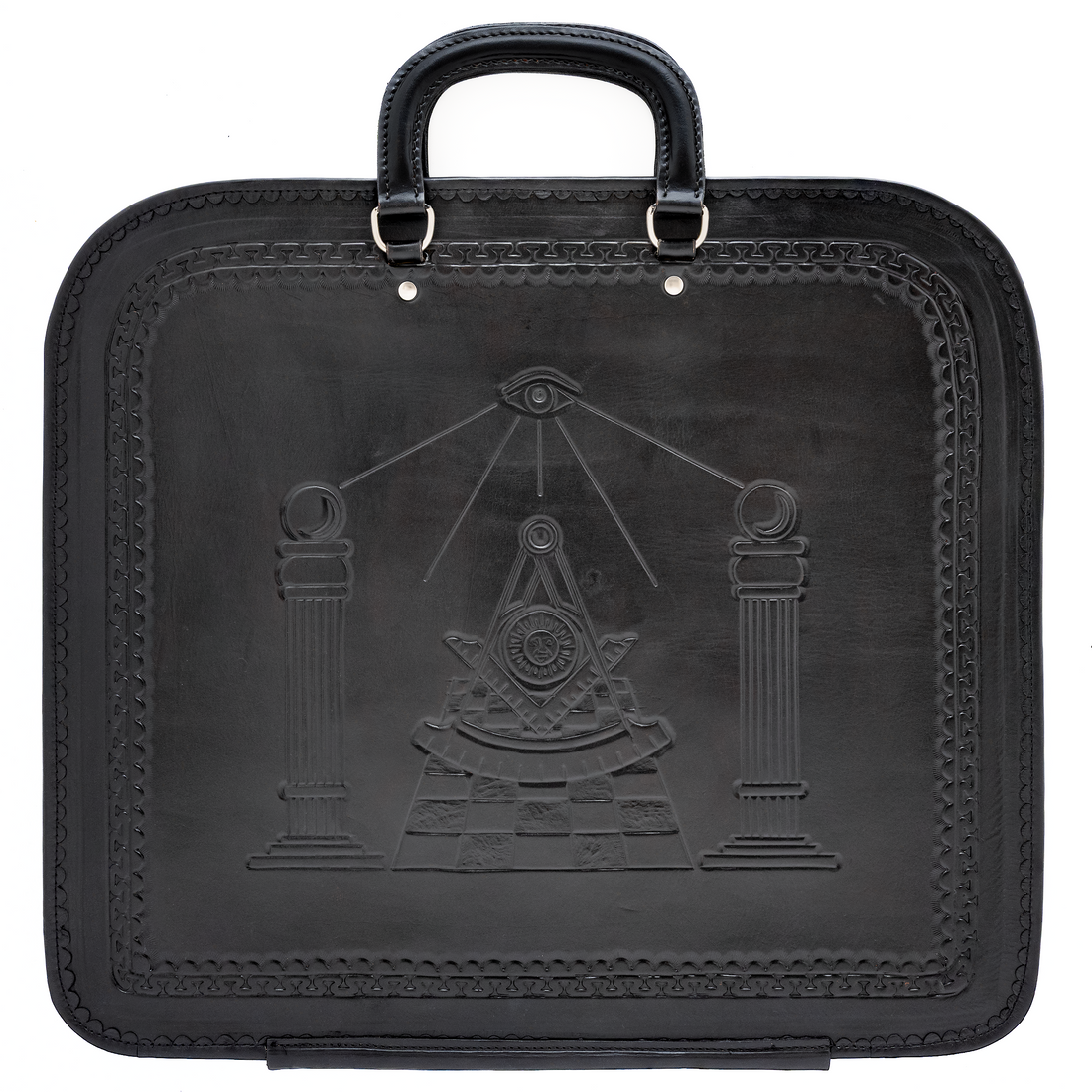Hand-tooled black leather Masonic apron case with Past Master emblem, Twin Pillars, Mosaic Pavement and All-Seeing Eye