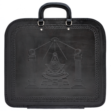 Hand-tooled black leather Masonic apron case with Past Master emblem, Twin Pillars, Mosaic Pavement and All-Seeing Eye