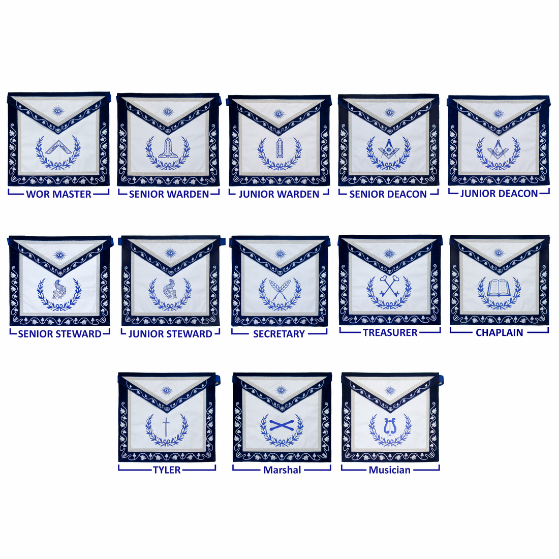 Blue Lodge Masonic Officers Premium Bundle | Deep Blue Velvet Aprons, Chain Collars & Silver Jewels (Set of 13)