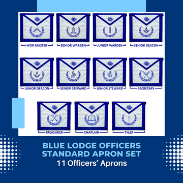 Blue Lodge Officers Masonic Apron Set of 11 – Machine Embroidered Wreath & Royal Blue Ribbon Detailing – Premium Faux Leather with Soft Fabric Backing
