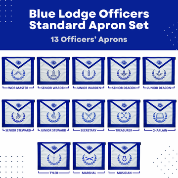 Blue Lodge Officers Masonic Apron Set of 13 | Royal Blue Ribbon Detailing & Embroidered Wreath
