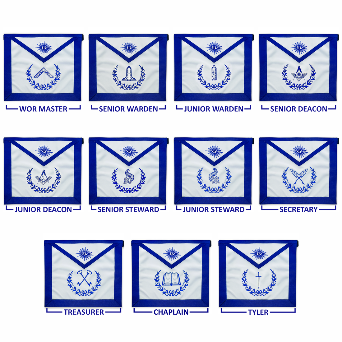 Blue Lodge Masonic Officers Standard Bundle — Royal Blue Aprons, Chain Collars & Silver Jewels (Set of 11)