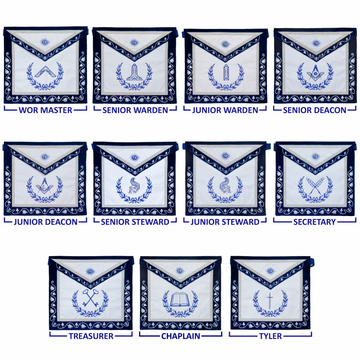 Blue Lodge Masonic Officers Complete Set — Velvet Vine Aprons, Chain Collars & Silver Jewels (Set of 11)