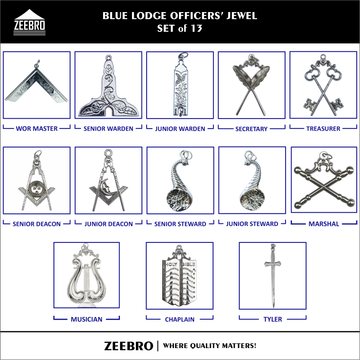 Complete 13-piece Blue Lodge Officer Jewel Set with silver-plated jewels for Master, Wardens, Deacons, Stewards, Chaplain, Marshal, Tyler & Musician