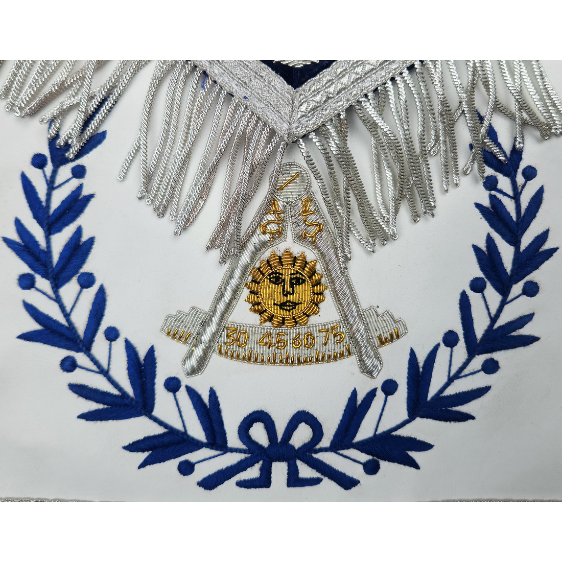 Blue Lodge Past Master Apron |  Hand-Embroidered Silver Bullion Square & Compass | Deep Blue Velvet with Gold & Silver Detailing