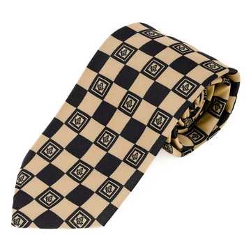 Black & Gold Masonic Tie – Geometric Square Pattern with Square & Compass Design