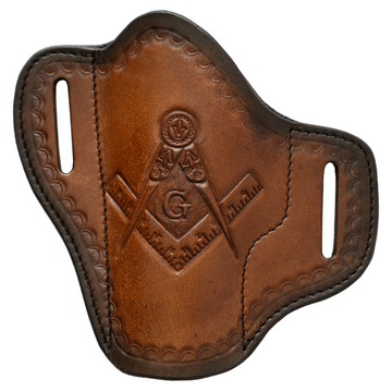 Masonic Left-Handed Hand-Tooled Leather Gun Holster | OWB Open Top Multi Fit Leather Belt Pistol Holster | Square and Compass Design