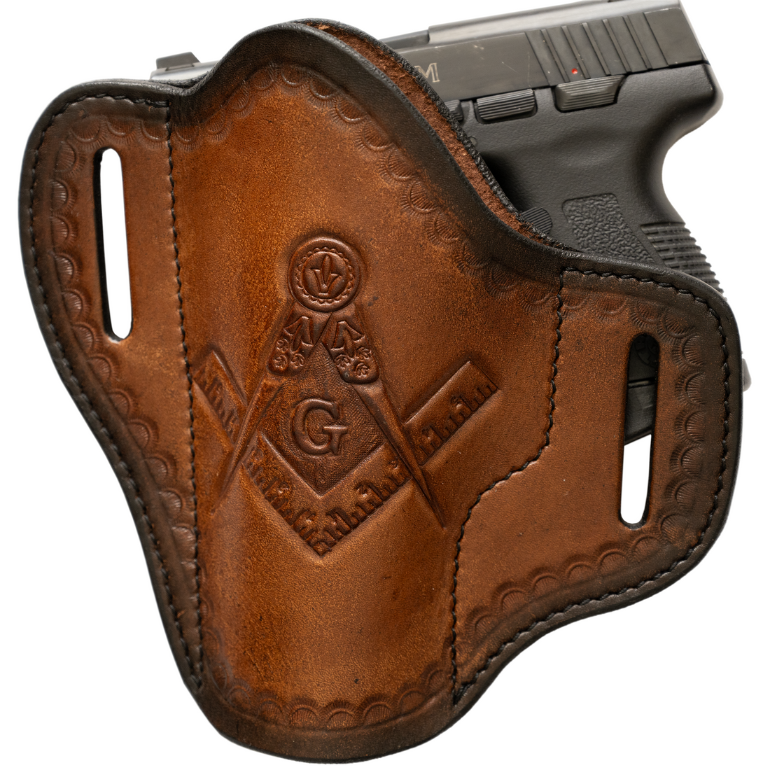Masonic Left-Handed Hand-Tooled Leather Gun Holster | OWB Open Top Multi Fit Leather Belt Pistol Holster | Square and Compass Design