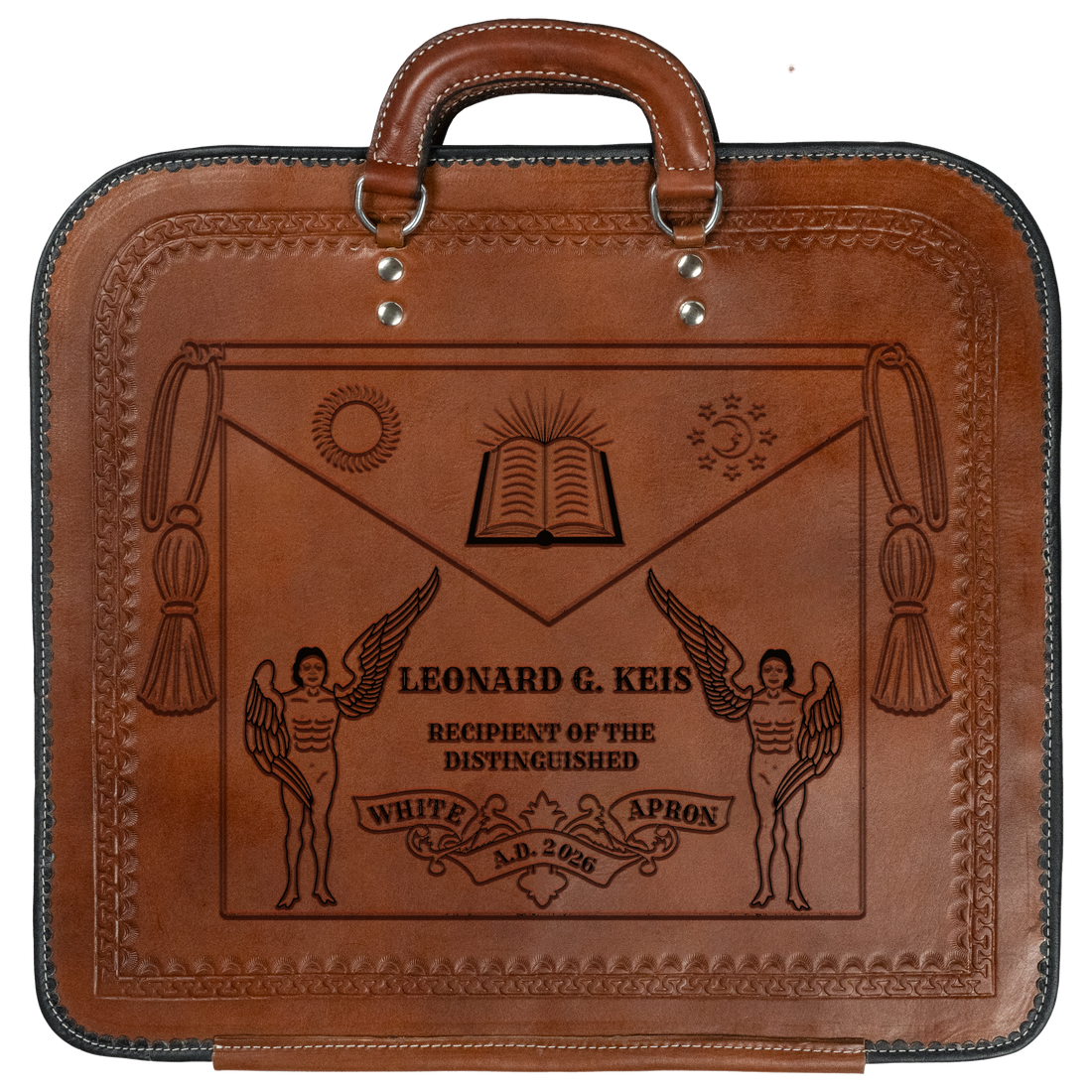 Customized Masonic-Light Hand-Tooled Brown Leather Apron Case | Adoniram Lodge No. 80