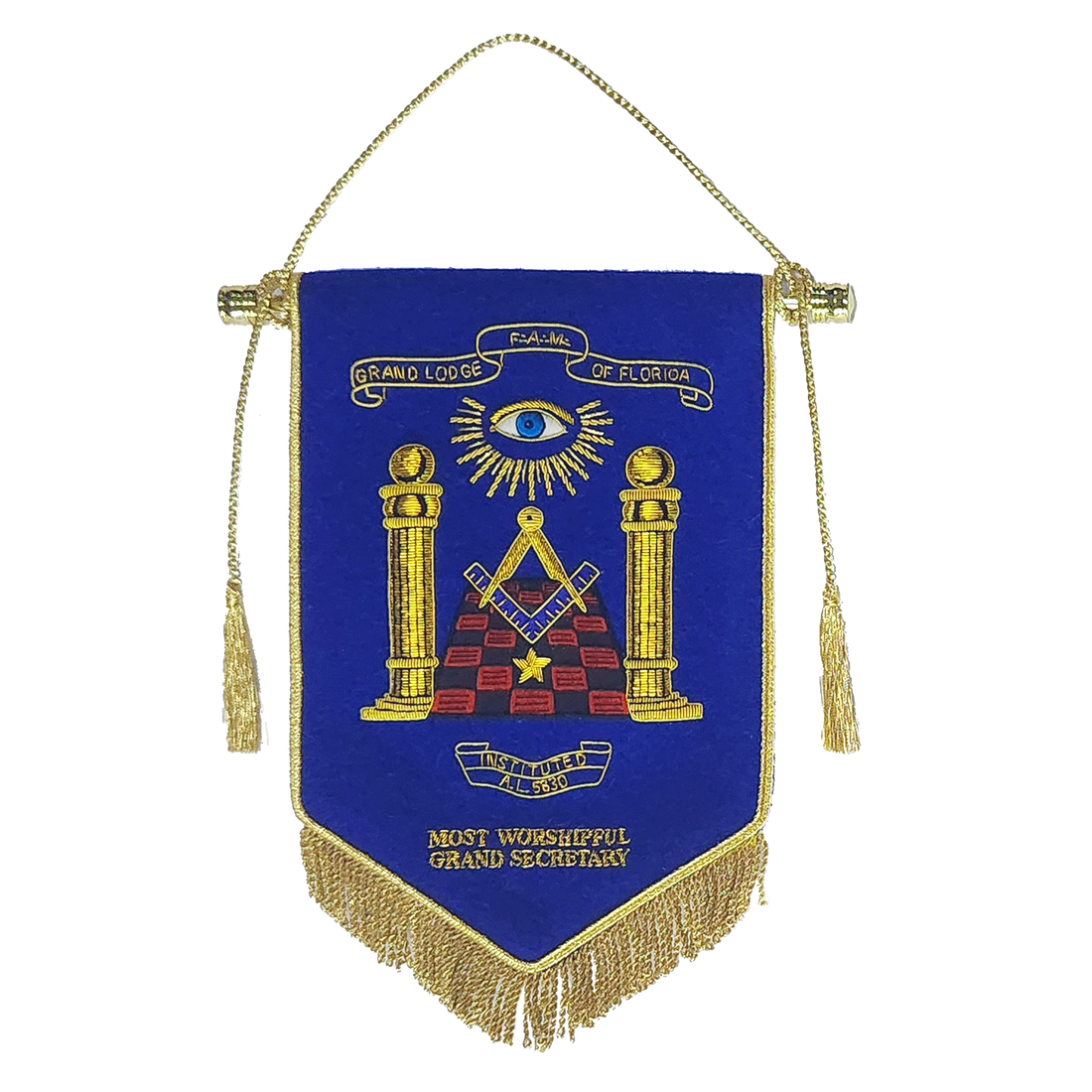 Grand Lodge of Florida - Hand Embroidered Officers Pennant with Stand and Rope Tassels
