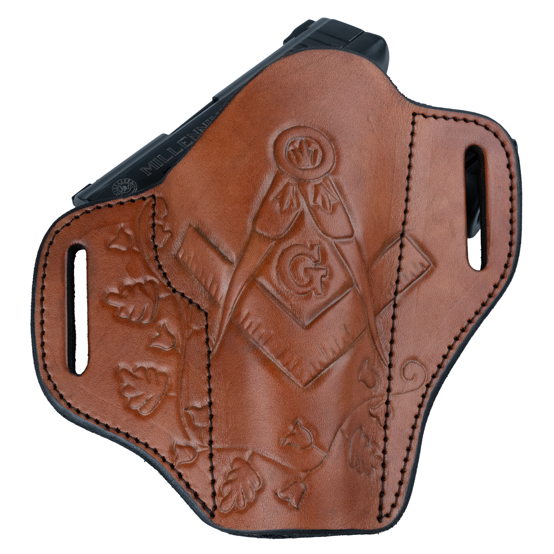 Masonic Right-Handed Hand-Tooled Leather Gun Holster | OWB Open Top Multi Fit Leather Belt Pistol Holster | Square and Compass Vine Design