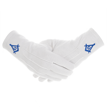 White Cotton Masonic Gloves with Blue Square & Compass – Embroidered Regalia Gloves for Ceremonies & Ritual Use