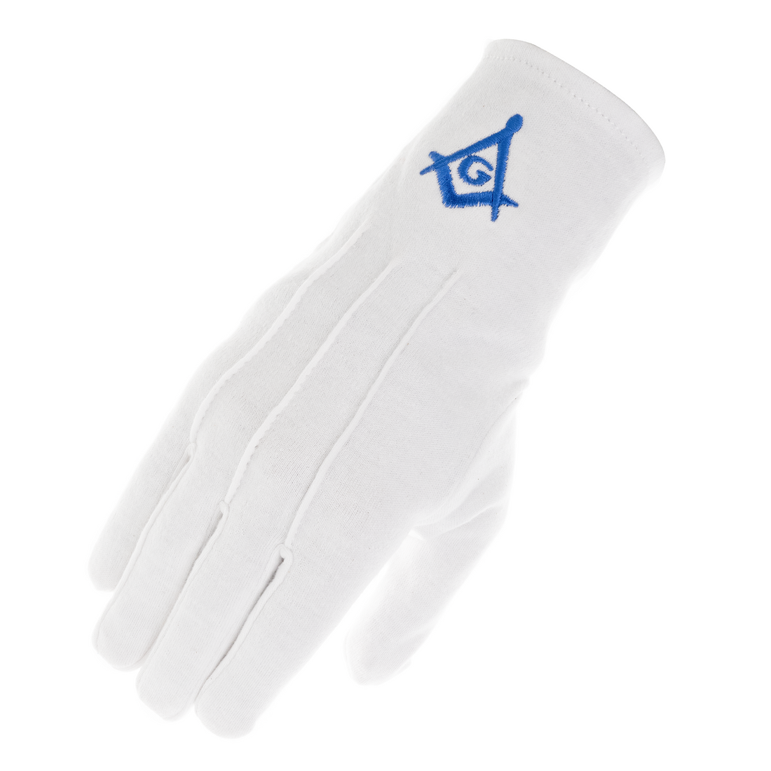White Cotton Masonic Gloves with Blue Square & Compass – Embroidered Regalia Gloves for Ceremonies & Ritual Use