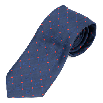 Navy Blue Masonic Tie – Diamond-Check Pattern with Red Accents – Square & Compass Design