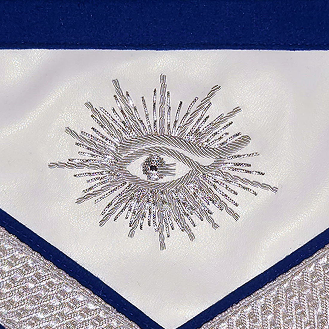 Elegant Masonic apron with silver bullion Past Master symbol, all-seeing eye, and detailed craftsmanship