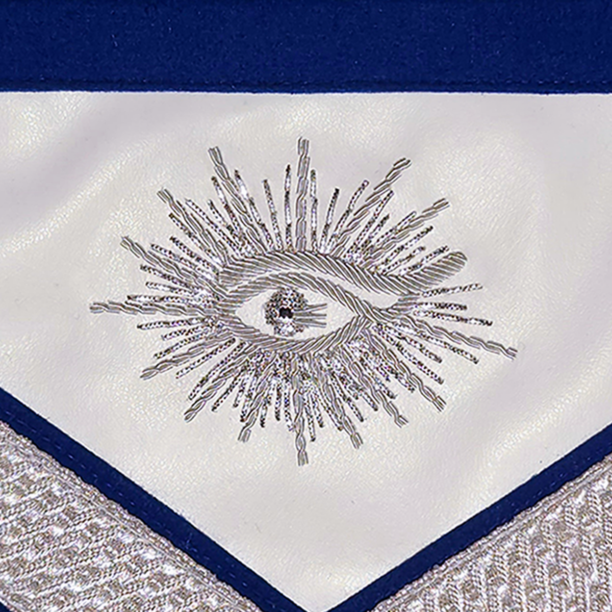 Elegant Masonic apron with silver bullion Past Master symbol, all-seeing eye, and detailed craftsmanship
