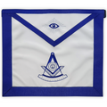 Masonic apron with machine embroidered past master symbol, featuring a square and compass with the all-seeing eye, bordered by a royal blue ribbon.