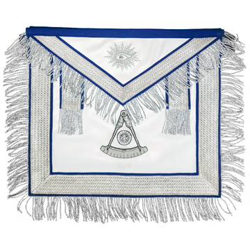 Past Master Masonic Apron |  Hand-Embroidered Silver  Bullion Design with Deep Blue Velvet & Ornate Silver Lace & Fringe
