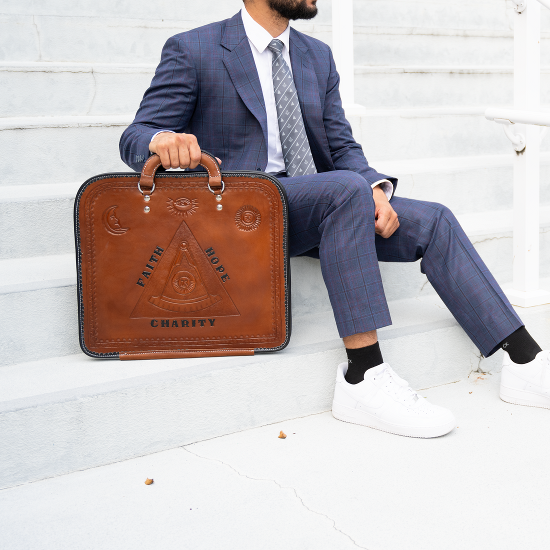 Pyramidic Expression Hand-Tooled Brown Leather Apron Case |  Exquisite Masonic Craftsmanship, Symbolic  Engraving & Premium Materials  | Provincial Size