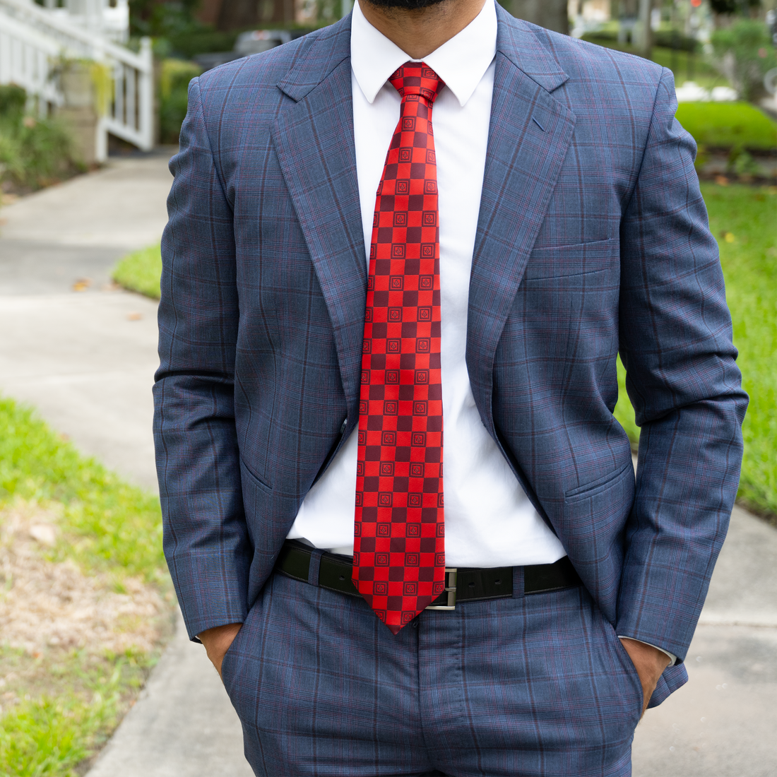 Red Masonic Tie – Geometric Square Pattern with Square & Compass Design