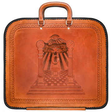 Hand-Tooled Brown Leather Masonic Apron Case – Three Steps, Holy Bible, Letter G, Five-Point Star, Boaz & Jachin Columns & All-Seeing Eye