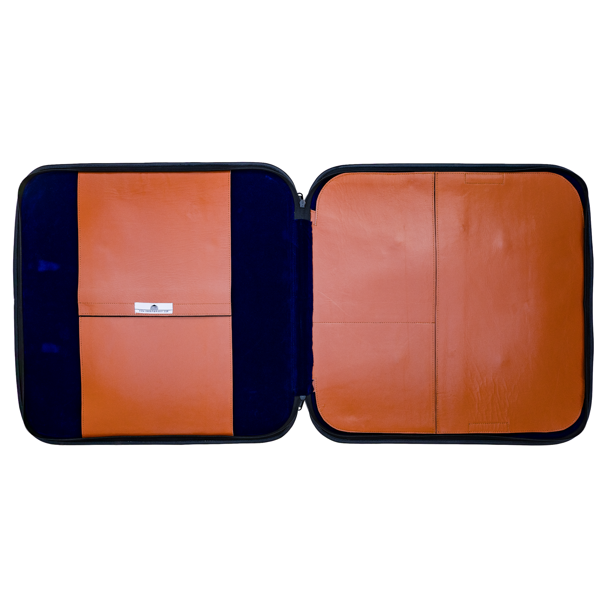 Interior of brown leather Masonic apron case with blue velvet lining and dedicated compartments for apron, chain collar, gloves and Masonic jewel.