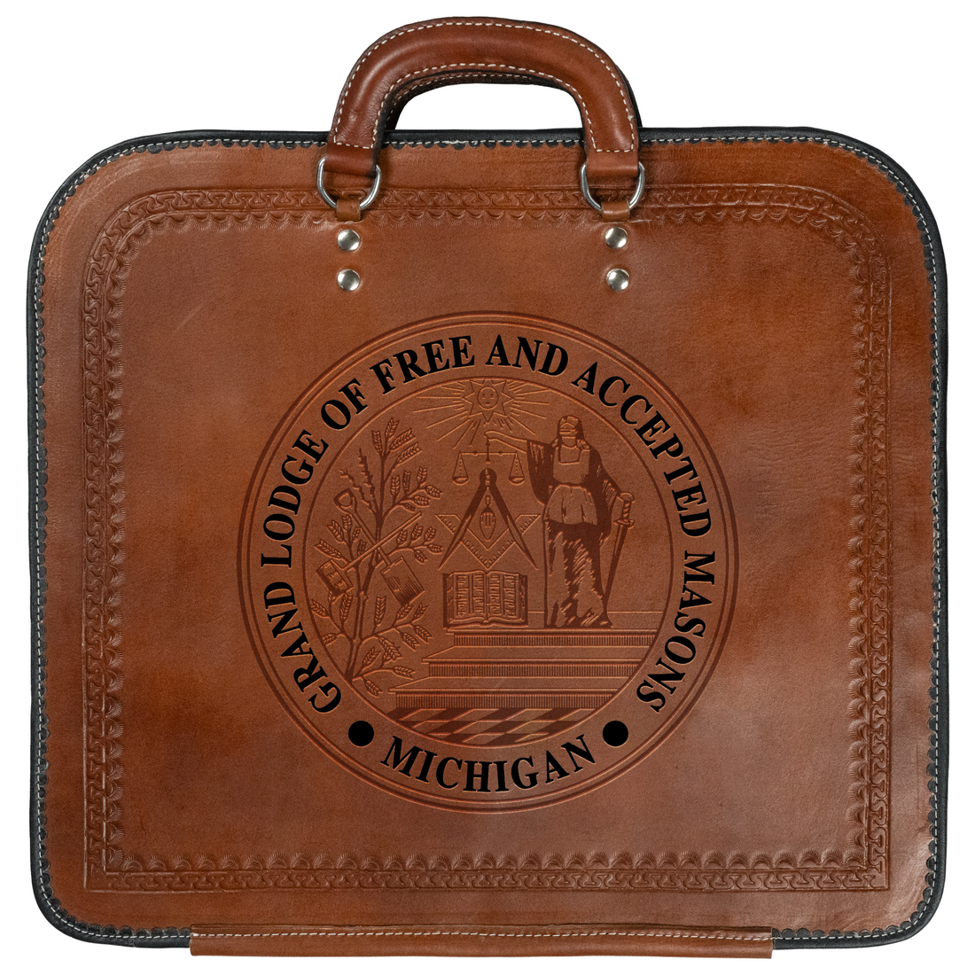 Customized Pyramidic Expression Hand-Tooled Brown Leather Apron Case | Grand Master of the Grand Lodge of Michigan