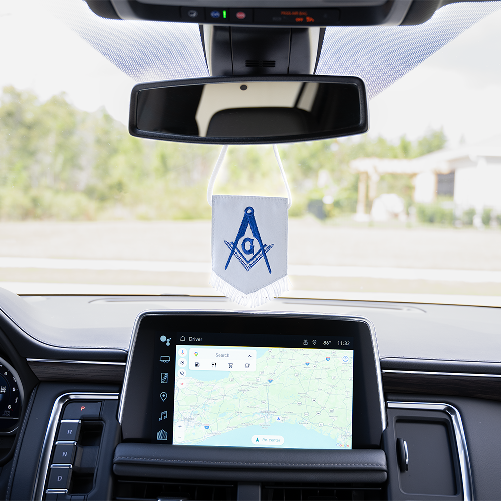 Masonic Rearview Mirror Car Flag – Genuine Lambskin with Embroidered Square & Compass