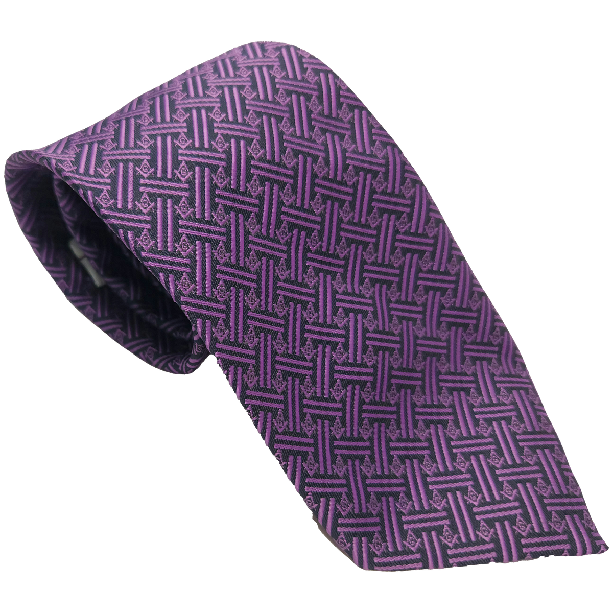 Purple Masonic tie with Square & Compass lattice pattern, premium fabric, and subtle geometric design for lodge meetings, grand lodge sessions, ceremonies, and Masonic events