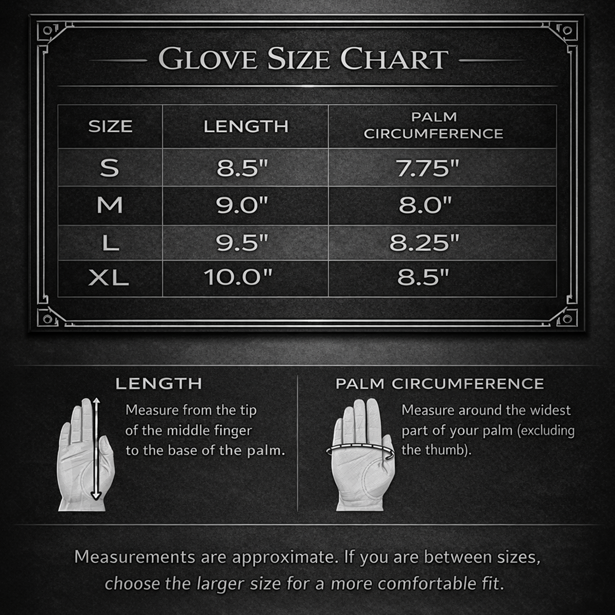 White Masonic gloves size chart with length and palm measurements.